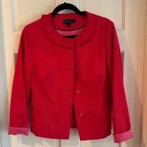Boden Red Cotton Jacket Ruffle Collar Button Front Pink Lining